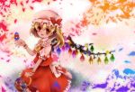  animal basket bird blonde_hair blush bow crystal flandre_scarlet flower frills hat hat_bow kneeling open_mouth petals puffy_sleeves red_eyes rose short_hair short_sleeves side_ponytail solo touhou wings wrist_cuffs 