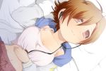  breasts brown_eyes brown_hair cleavage digital_media_player earphones from_above listening_to_music lying meiko on_back short_hair smile solo vocaloid we53_(wagnar) 