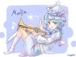  artist_name blue_background blue_eyes blue_hair brooch character_name hat instrument jewelry kneehighs lispict long_sleeves looking_at_viewer merlin_prismriver midriff musical_note no_shoes open_mouth raised_finger reclining short_hair skirt solo sun touhou trumpet vest white_legwear 