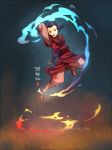  avatar:_the_last_airbender azula black_hair blue_fire chinese_clothes fire jumping kellylee lipstick makeup solo topknot yellow_eyes 