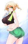  1girl alternate_breast_size alternate_hairstyle ass blonde_hair bottle green_eyes han_(jackpot) mizuhashi_parsee navel pointy_ears ponytail shorts solo sweat touhou 