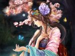  blue_eyes blurry brown_hair butterfly cherry_blossoms chinese_clothes copyright_request depth_of_field female flower hair_ornament hairpin headdress highres japanese_clothes jewelry long_hair moon night sakura solo tree wallpaper water yangfan 