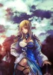  absurdres bad_id blonde_hair breasts cleavage fate/stay_night fate/zero fate_(series) hand_on_hilt highres jesdset large_breasts long_hair pauldrons ponytail red_eyes saber_cosplay shin_sangoku_musou shin_sangoku_musou_6 solo wang_yuanji 