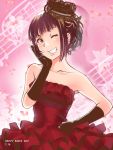  bare_shoulders blush brown_eyes brown_hair copyright_request crown dress elbow_gloves gloves grin hair_up hand_on_hip hand_on_own_cheek happy_birthday hikasa_youko sakayama_shinta seiyuu short_hair sleeveless sleeveless_dress smile solo wink 