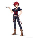  belt boots breasts cleavage corset facial_mark hand_on_hip hips horns knife original pants red_eyes red_hair redhead sheath short_hair 