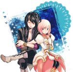  1girl black_hair blue_background boots closed_eyes coat crossed_arms crossed_legs dress embarrassed estellise_sidos_heurassein eyes_closed gloves green_eyes leaning legs_crossed long_hair pants pink_hair shirou_(vista) short_hair sitting sleeping tales_of_(series) tales_of_vesperia yuri_lowell 