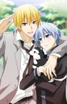  arm_around_shoulder blonde_hair blue_eyes blue_hair dog kise_ryouta kuroko_no_basuke kuroko_tetsuya kurot male multiple_boys short_hair smile yellow_eyes 