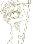  arm_up bow broom hand_on_hat hat hat_bow kanazawa_hiromu kirisame_marisa long_hair monochrome one-piece_swimsuit open_mouth sketch smile solo swimsuit touhou witch_hat 