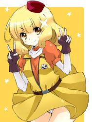  character_request double_v dress fingerless_gloves gloves gundam gundam_age hat kannagi_kaname kise_yayoi panties pantyshot precure skirt skull smile smile_precure! underwear v white_panties yellow yellow_dress yellow_eyes 