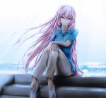  blue_eyes bottle casual cityscape long_hair looking_at_viewer megurine_luka museum2088 outdoors pants pink_hair shoes sitting sky smile solo very_long_hair vocaloid 