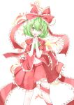  bow frills front_ponytail giwa green_eyes green_hair hair_bow hands_clasped highres kagiyama_hina long_hair navel open_mouth puffy_sleeves sash short_sleeves solo touhou 