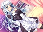  aqua_eyes asteel_runastia bed blue_hair blush book erect! game_cg long_hair maid piromizu ribbons stockings 