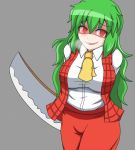  ascot blade green_hair heavy_breathing kazami_yuuka kazami_yuuka_(pc-98) long_hair makko plaid plaid_vest red_eyes shirt solo touhou touhou_(pc-98) 