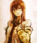  blue_eyes flat_chest hand_on_own_chest head_tilt jacket long_hair looking_at_viewer makise_kurisu monochrome nd necktie parted_lips sepia solo spot_color steins;gate 