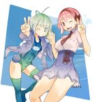  2girls ;) ;d bow character_request cloud clouds green_eyes green_hair hairband hand_holding holding_hands jacket multiple_girls nakahara_(teriyaki) necktie one-piece_swimsuit open_mouth original pink_eyes pink_hair school_swimsuit school_uniform short_hair skirt sky smile swimsuit teriyaki thigh-highs thighhighs v wink 