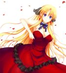  bare_shoulders blonde_hair breasts campione! cleavage dress earrings erica_blandelli jewelry large_breasts long_hair petals purple_eyes red_dress simple_background smile solo sotogawa_max very_long_hair violet_eyes white_background 
