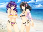  2girls beach beatmania_iidx bikini black_hair breast_hold cleavage happy_core headphones hifumi kinoshita_ichi lilith_(beatmania_iidx) open_shirt purple_hair swimsuit 