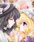  black_hair blonde_hair blurry bow closed_eyes depth_of_field eyelashes eyes_closed floral_background hair_bow hand_holding hat hat_ribbon holding_hands light_particles lips looking_at_another maribel_hearn multiple_girls pocky pocky_kiss profile purple_eyes ribbon shared_food short_hair touhou tsukiori_sasa usami_renko violet_eyes yuri 