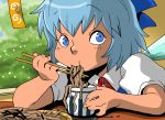  blue_eyes blue_hair bow chopsticks cirno eating food hair_bow looking_at_viewer noodles onikobe_rin plate puffy_sleeves ramen short_hair short_sleeves solo spilling touhou wings 