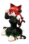  :d animal_ears blush bow braid cat_ears cat_tail dress fang hair_bow kaenbyou_rin looking_at_viewer maru54 open_mouth paw_pose red_eyes red_hair redhead rough simple_background sitting smile solo tail touhou twin_braids wariza white_background 