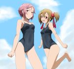  :d akou_(phoenix777) blush brown_hair from_below hair_ornament hair_ribbon hairclip highres lisbeth multiple_girls open_mouth pink_hair red_eyes ribbon school_swimsuit short_hair short_twintails silica sky smile swimsuit sword_art_online twintails 