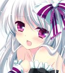  bare_shoulders blush bow breasts bust cleavage collarbone face hair_bow ichiyou_moka long_hair looking_at_viewer open_mouth original purple_eyes silver_hair smile solo violet_eyes 