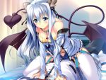  aqua_eyes asteel_runastia bed blue_hair blush erect! game_cg horns long_hair piromizu ribbons seifuku stockings tail wings 