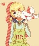  blonde_hair blue_eyes clothes_writing hair_ornament hairclip kagamine_rin letter looking_at_viewer love_letter short_hair smile solo subaru_(sbr116) twintails vocaloid wink 