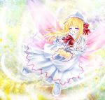  blonde_hair blurry boots bow capelet closed_eyes depth_of_field dress eyelashes eyes_closed fairy_wings hat hat_ribbon lily_white long_hair long_sleeves multicolored_background open_hands open_mouth petals ribbon smile solo touhou tsukiori_sasa two-tone_background white_dress wide_sleeves wind wings 