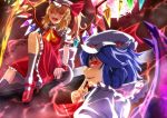  :d bat_wings blonde_hair blue_hair dara3150 finger_to_mouth flandre_scarlet hat hat_ribbon highres multiple_girls open_mouth red_eyes remilia_scarlet ribbon short_hair siblings side_ponytail sisters sitting smile touhou tree wings wrist_cuffs 