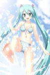  aqua_eyes aqua_hair barefoot bikini fang feet foreshortening green_eyes hatsune_miku kicking long_hair open_mouth project_diva sky skywaker soles solo splash splashing striped swimsuit toes twintails very_long_hair vocaloid water 