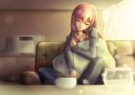  casual cup highres indoors lens_flare megurine_luka museum2088 phone pillow pillow_hug pink_hair sitting smile solo vocaloid 