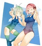  2girls ;) ;d bow character_request cloud clouds green_eyes green_hair hairband hand_holding holding_hands multiple_girls nakahara_(teriyaki) one-piece_swimsuit open_mouth original pink_eyes pink_hair school_swimsuit short_hair skirt sky smile swimsuit teriyaki thigh-highs thighhighs v wink 
