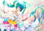  bare_shoulders breasts cleavage closed_eyes dress elbow_gloves flower gloves hatsune_miku long_hair museum2088 solo twintails very_long_hair vocaloid 