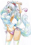  animal_ears arm_up breasts colored_pencil_(medium) detached_sleeves hat highres inubashiri_momiji kitazinger navel no_pants open_mouth panties pink_panties red_eyes short_hair side-tie_panties simple_background solo stretch tail tokin_hat touhou traditional_media underwear white_background white_hair wolf_ears wolf_tail yawning 