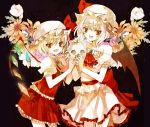  2girls adapted_costume alternate_hair_color ascot bad_id bare_shoulders bat_wings blonde_hair brooch cierra_(ra-bit) crystal curly_hair detached_sleeves fang flandre_scarlet floral_background flower frills hat hat_ribbon jewelry multiple_girls nail_polish open_mouth puffy_sleeves red_eyes remilia_scarlet ribbon short_hair short_sleeves siblings side_ponytail silver_hair sisters skirt skirt_set skull touhou wings 