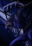  bdsm blue blue_background bondage canal001 chain chains glowing glowing_eyes grey_hair long_hair male pants precure red_eyes saliva sharp_teeth smile_precure! solo werewolf wolfrun 