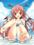  barefoot bikini blush breasts cleavage cloud clouds collarbone demon_wings head_wings koakuma long_hair open_mouth red_eyes red_hair redhead sky solo swimsuit tam-out_(datam) touhou very_long_hair wings 