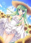  absurdres alternate_costume bare_shoulders blue_eyes blush cloud clouds collarbone dress dress_lift flower flower_field frog_hair_ornament green_hair hair_ornament hat highres kochiya_sanae lens_flare long_hair looking_at_viewer ringonotane skirt_hold smile snake solo straw_hat strawhat sundress sunflower touhou white_dress 