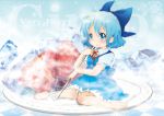  absurdres bare_shoulders barefoot berry_jou blue_eyes blue_hair blush bow cirno food frozen fruit hair_bow highres ice in_food minigirl plate ribbon short_hair sitting solo spoon strawberry touhou wariza 