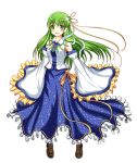 blush detached_sleeves frills frog frog_hair_ornament god green_hair hair_ornament hair_tubes kochiya_sanae long_hair long_skirt mary_janes open_mouth shoes skirt snake solo touhou very_long_hair wide_sleeves