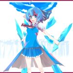  alternate_costume blue_eyes blue_hair blush bow cirno cloud clouds dual_wielding hair_bow ice ice_wings open_mouth short_hair skirt sky smile solo tatwuku touhou wings 