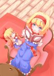  alice_margatroid bespectacled blonde_hair blue_eyes blush book chair doll from_above glasses hairband holding holding_book mintmochi_(artist) open_book shanghai_doll short_hair sitting solid_circle_eyes solo touhou 
