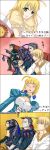  black_hair blonde_hair blood blush caster_(fate/zero) fate/zero fate_(series) gaijin_4koma gate_of_babylon gilgamesh lancer_(fate/zero) nosebleed pajamas parody saber sader yuhshiro 