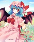  bat_wings blue_hair blush bow character_name cloud clouds flower hat hat_bow highres jewelry open_mouth red_eyes remilia_scarlet short_hair short_sleeves sky solo touhou wings yamio 