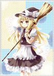  apron bespectacled blonde_hair book bow broom glasses hat hat_bow kirisame_marisa leclle long_hair magic_circle open_mouth puffy_sleeves short_sleeves solo touhou very_long_hair witch_hat yellow_eyes 