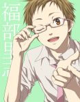  bespectacled brown_hair character_name fukube_satoshi glasses hyouka male necktie open_mouth rito453 semi-rimless_glasses short_hair simple_background solo under-rim_glasses wink 