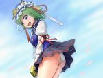  ass blue_eyes cloud clouds green_hair hat long_sleeves open_mouth panties petals puffy_sleeves ribbon rod rod_of_remorse shikieiki_yamaxanadu short_hair skirt sky solo touhou underwear white_panties you_naka 