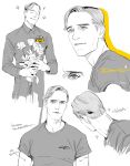  android bad_id bishounen closed_eyes david_8 eyes_closed flower happy highres korean prometheus_(movie) realistic science_fiction short_hair smile t-shirt uniform weyland-yutani 