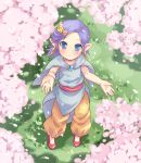  bella_(dq5) blue_eyes blush cape cherry_blossoms dragon_quest dragon_quest_v earrings hair_ornament jewelry mizuno_mumomo outstretched_arms pants pendant petals pointy_ears purple_hair short_hair smile solo 